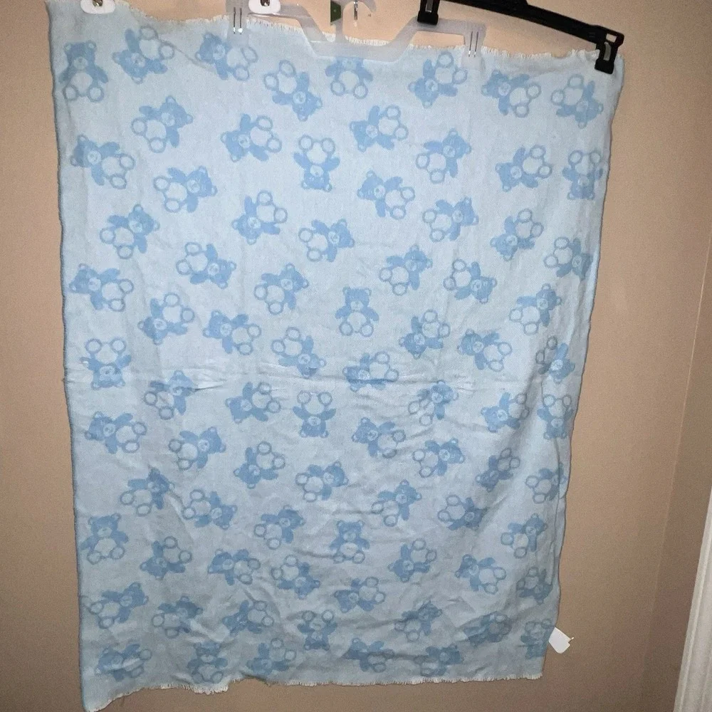 Baby Blanket Blue Teddy Bear La Copertina ITALY Cotton Blend Fringe Receiving